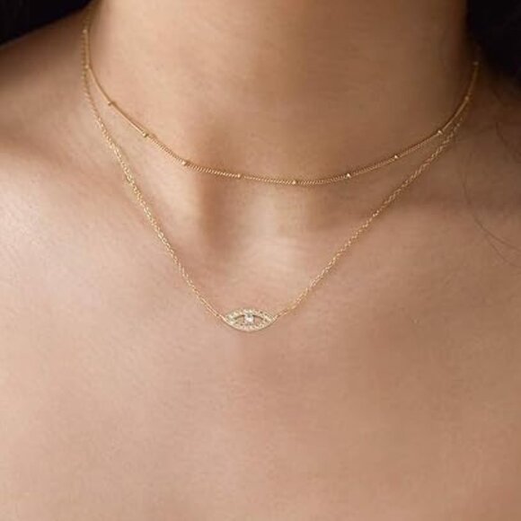 Neiman Marcus Illuminated 14K Gold Plated CZ 2-layer Evil Eye Necklace - Picture 1 of 4